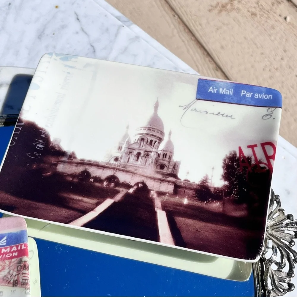 Restoration Hardware Vintage Parisian-themed Postcard Plates Trinket Trays Set 3
